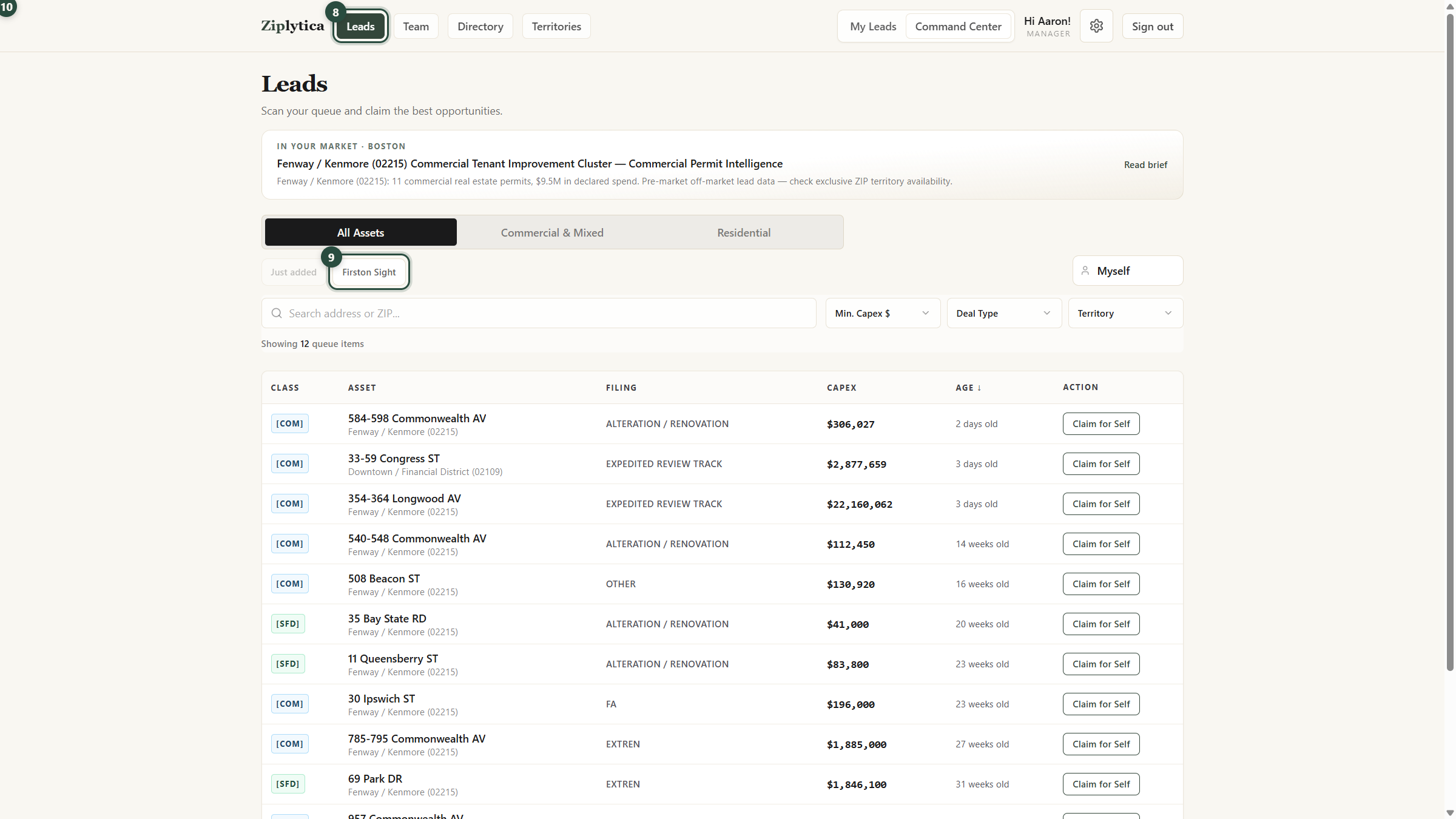 Leads with Just added and Claim for Self