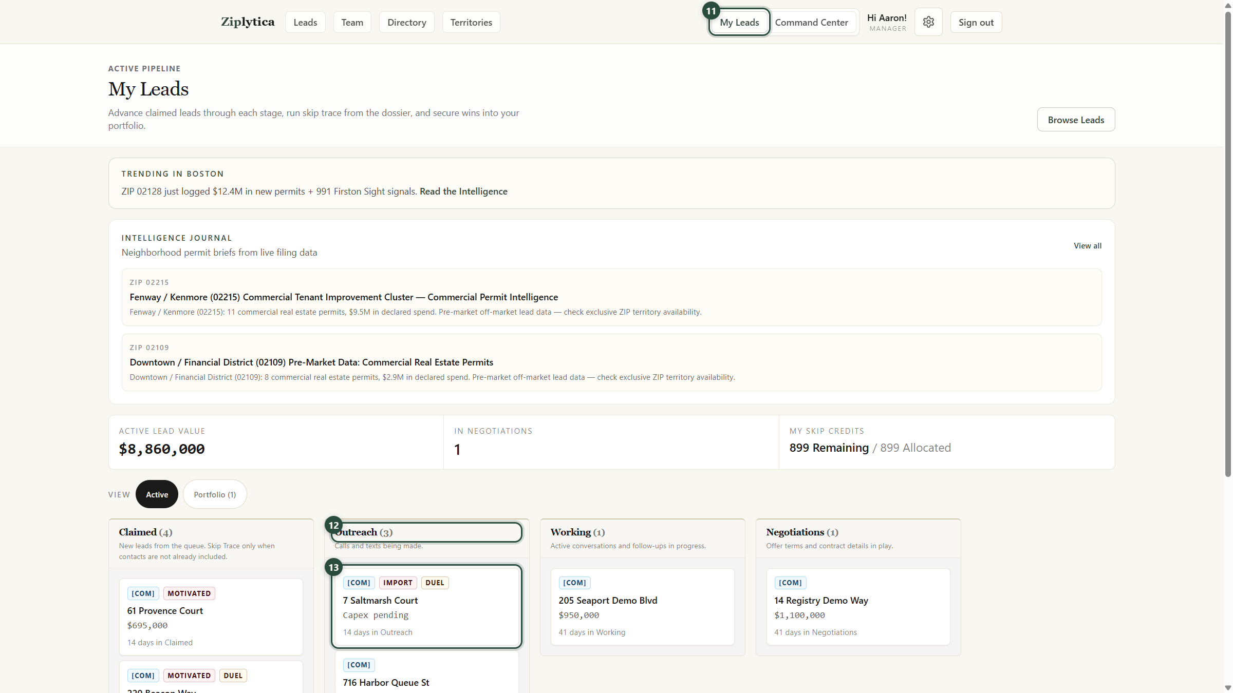 My Leads board with Outreach column