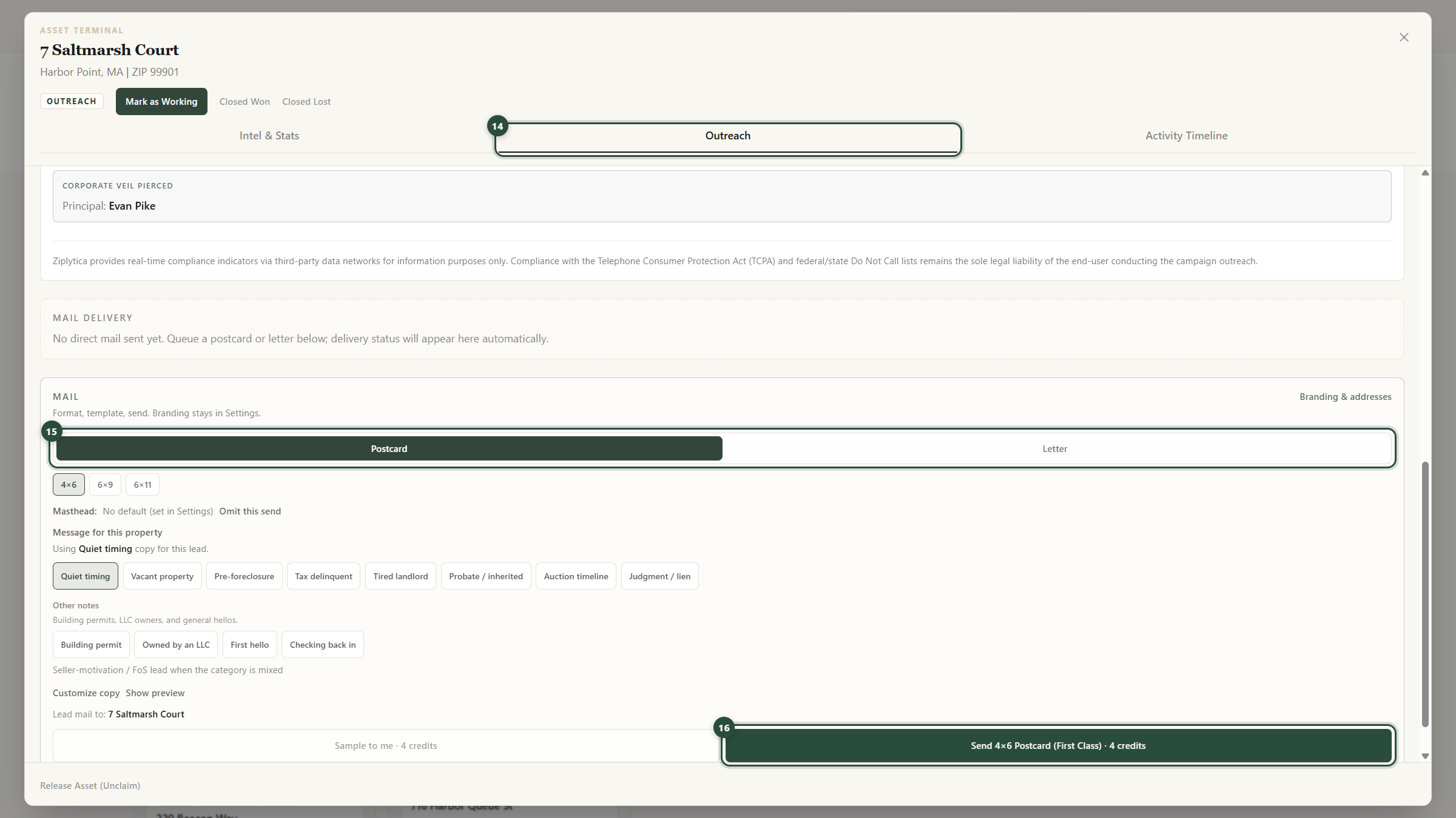 Outreach tab with postcard or letter and Send