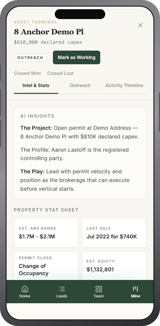 Ziplytica mobile property detail on iPhone with intel and stat sheet for agents in the field