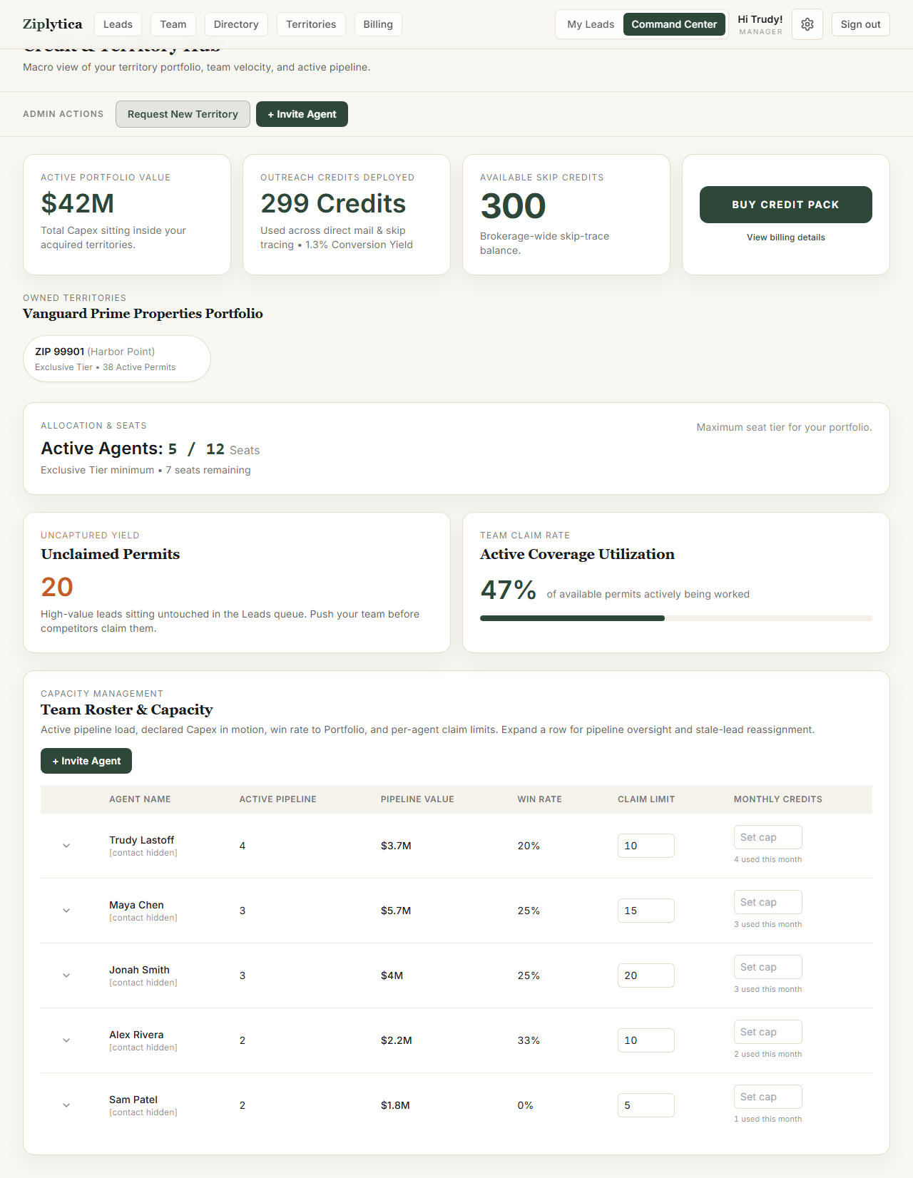 Ziplytica Manager Command Center with portfolio KPIs, owned ZIP pills, and team roster