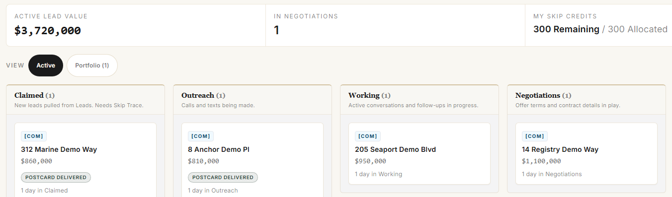 Ziplytica My Leads Kanban with claimed permits across outreach and working stages